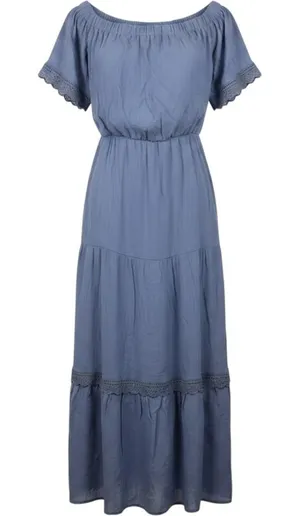 AUW Periwinkle Blue Off The Shoulder‎ Crochet Lace Trim Tiered Maxi Dress Small thumbnail 1