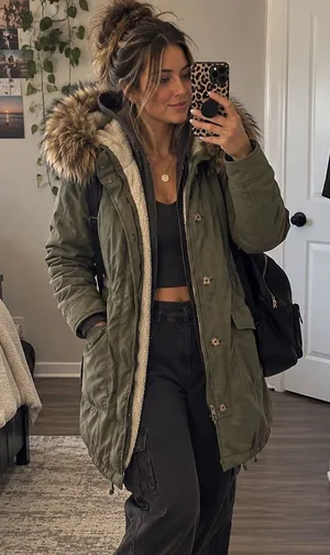 Vintage Y2K Abercrombie & Fitch Olive Sherpa Faux Fur Hood Park small thumbnail 1