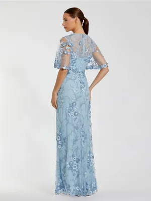 Mac Duggal 68810 Blue Flutter Sleeve Floral Embroidered Net Gown sz 10 thumbnail 3