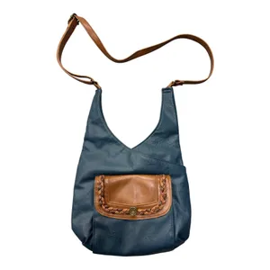 Gal Crossbody Bag Women OS Blue Tan Faux Leather‎ Braided Trim Adjustable Strap thumbnail 3