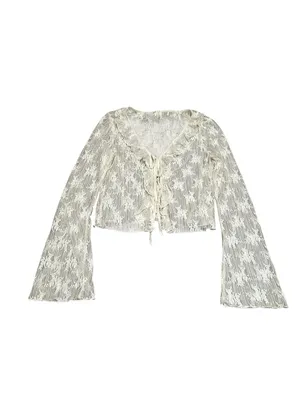 Women’s Ivory Lace Ruffle Blouse Flare Sleeve Tie Front Festival Feminine thumbnail 2