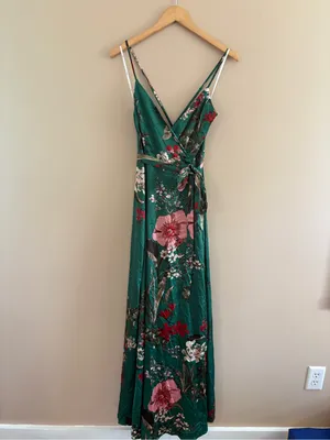Lulus Still the One Emerald Green Floral Print Satin Maxi Dress Size Large NWT thumbnail 4