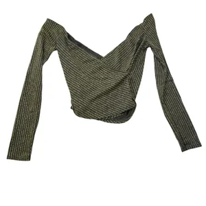 Reformation Gold Metallic Off Shoulder Wrap Crop Top Black Shimmer Long Sleeve S thumbnail 7