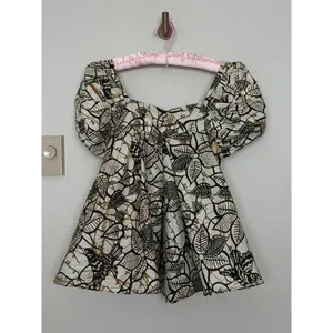 Handmade Puff Sleeve Botantical Print Neutral Babydoll Sqaure Neck / Back Top thumbnail 3