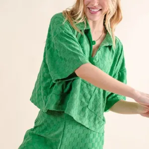 ✨NWT And The Why Brushed Texture‎ Checker Board Pattern Casual Top Green Size M thumbnail 3