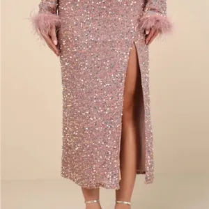 Lulu's Sequined Pink Midi Skirt with Slit thumbnail 2