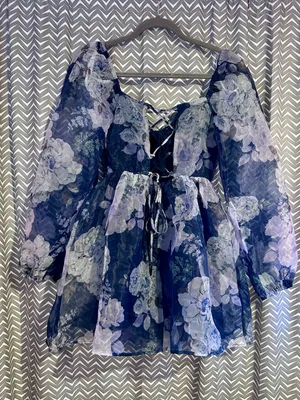 NWT Lulus | Positively Enchanting Blue Floral Organza Bustier Mini Dress, Small thumbnail 7
