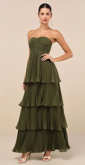 NWT Lulus Seriously Sensational Olive Strapless Tiered Maxi Dress Gala Size M thumbnail 1