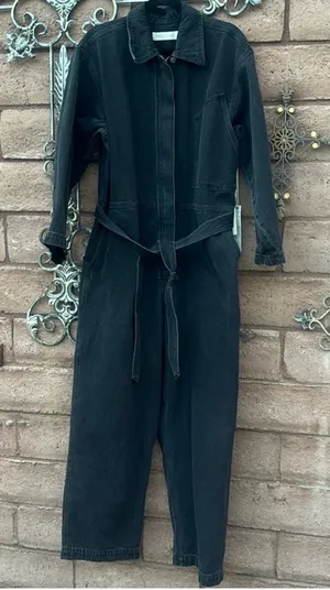 Happy Nature Jumpsuit Women’s XL Black Denim Wide Leg Kate Zip Up Belted NWT thumbnail 1