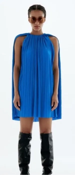 Zara Bright Blue Pleated Cape-Back Mini Dress thumbnail 1
