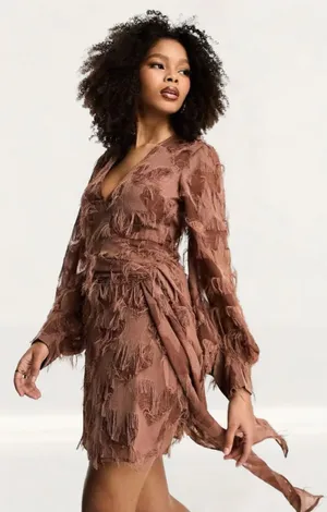 NWT ASOS design fluffy Vneck brown tie waist tie back terracotta rose tone SZ-6 thumbnail 1