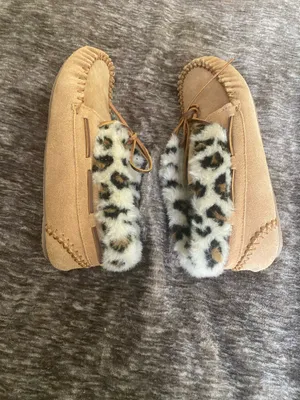 Minnetonka Suede Leather Leopard Print Faux Fur Trimp Moccassin Loafer Women's 9 thumbnail 4