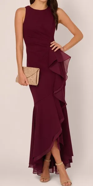 Adrianna Papell High Low Crepe Halter Gown Organza Draping In Cabernet Size‎ 4 thumbnail 1