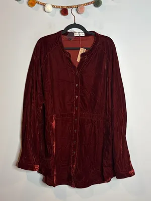 NWT Natural Life Laid Back Velvet Button Down Top Burgundy Rust thumbnail 2