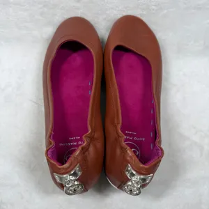 Soto Massini Milano Cognac Brown Leather Ballet Flats Silver Padlock Heel Sz9-10 thumbnail 6