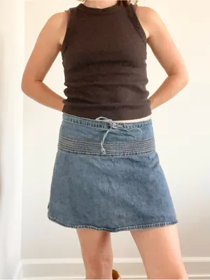 Vintage Old Navy Blue Cotton Denim Mini Skirt with Drawstring Waist thumbnail 4