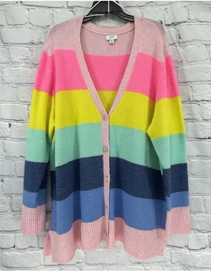 Crown & Ivy Cardigan Sweater Women’s 3x Plus Multicolored Striped Heart Buttons thumbnail 1