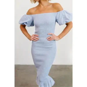 Baltic Born Alana Smocked Puff Sleeve Off the Shoulder Midi Light Blue Large thumbnail 2