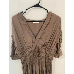 Ulla Johnson Taupe Ruched Ruffle Midi Dress Boho Size 8 thumbnail 4