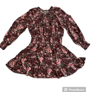 Aerie burgundy floral mini dress, gathered waist & cuffs, size L thumbnail 2
