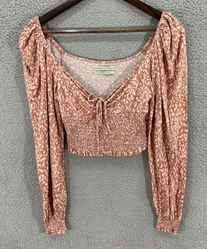 Urban Outfitters L Y2K Boho Crop Top Smocked Tie Front Long Sleeve‎ Fairy Grunge thumbnail 1