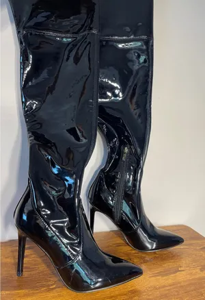 GUESS Black Patent OTK Stiletto Boots Mob Wife Y2K Baddie 8W thumbnail 1