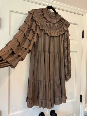 Ulla Johnson Elsa Mini Dress Mica Taupe Ruffled Tiered Satin Size Medium Large thumbnail 5