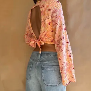 Zara Paisley Printed Open Back Bell Sleeve Crop Top 7521 thumbnail 4