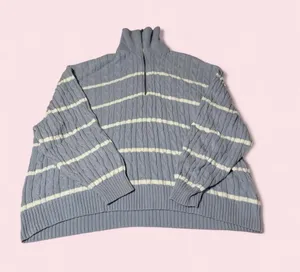 Hollister Blue Cable-Knit Half-Zip Turtleneck with Cream Stripes thumbnail 1