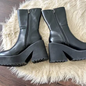 Chunky Black Faux Leather Platform Gothic Destroyer mid calf boots US 8 thumbnail 3