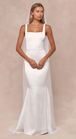 NWOT Lulus Luxe Loveliness White Satin Backless Mermaid Maxi Dress Bridal Gown S thumbnail 1