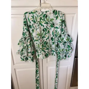 Boston Proper Floral Leaf Print Tiered Ruffle Sleeve Wrap Top Green White S thumbnail 6