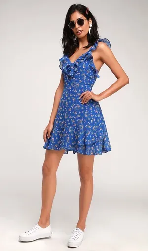 NWT Lulus Spring Dream Blue Floral Print Ruffled Skater Dress Medium sold out! thumbnail 1