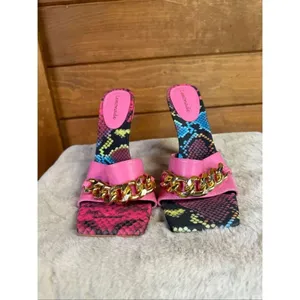 Lemonade Meow Heeled Sandals gold chain accent vibrant multicolored snakeskin pa thumbnail 7