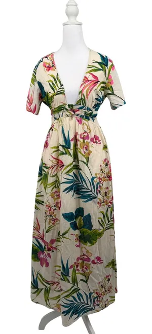 Billabong Tropical Floral Maxi‎ Dress Open Back Cotton Large Vacation Resortwear thumbnail 1