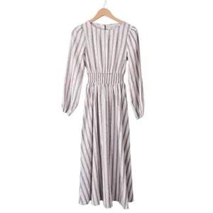 Petal & Pup Striped Smocked Waist Linen Blend Midi Dress Burgundy Neutral XL NEW thumbnail 2
