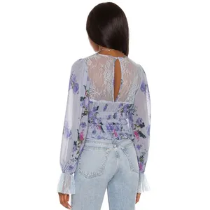 Free People Daphne Sliver Blue Floral Boho Smocked Lace Blouse Medium NWT $128 thumbnail 2