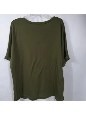 Womens XL Olive Green V Neck Pocket Tee Rolled Sleeve Stretch Casual Oversized T thumbnail 7