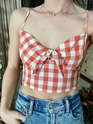 Linen Gingham Crop Top Orange thumbnail 1