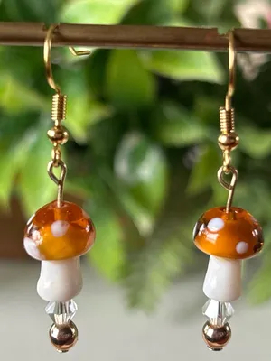 Handmade Orange Mushroom + Hematite Drop Earrings in silver thumbnail 1