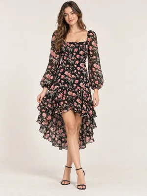 Lush XS Black Floral High Low Ruffle Dress Square Neck Puff Sleeve thumbnail 7