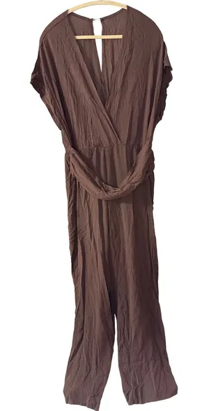 SheIn Womens Brown Gauze Surplice V-Neck Wide Leg Jumpsuit Boho Short Sleeve One Piece thumbnail 1