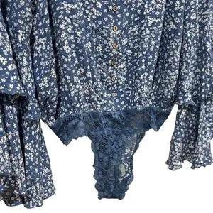 Free People Ditsy Floral Lace Bell Ruffle Sleeve Bodysuit Fairy Whimsical S thumbnail 5