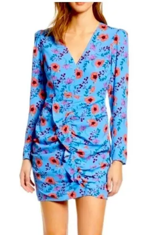 ASTR the Label Blue Floral V-Neck Ruched Women's Dress, ruffles, xS thumbnail 1