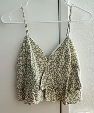 Ocean Drive Sage Green Floral Ruffle Crop Top thumbnail 1