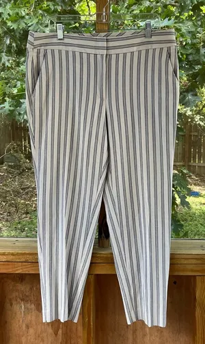 LOFT Women's White And Grey Striped Linen Blend Tapered Leg Pants Size 12 thumbnail 1