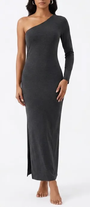 Black One Shoulder Maxi Dress Long Sleeve Side Slit Minimalist Medium thumbnail 1