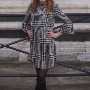 Zara Houndstooth Check Bell Cuff Shift Mini Dress Black Cream Medium‎ thumbnail 4