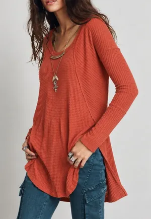 Free People Drippy Ventura Top Women XS Rust Waffle Knit Thermal Boho Red Orange thumbnail 1