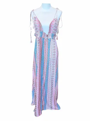 Lulus Maxi Dress Size Medium Pink Multi Print Boho Sleeveless Tie-Strap Resort thumbnail 3